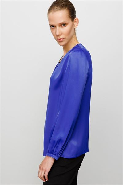 Lacivert Dore Yakası Metal Aksesuarlı Bluz