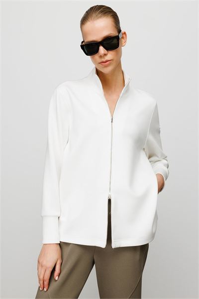 Beyaz Dik Yaka Önü Fermuarlı Sweat